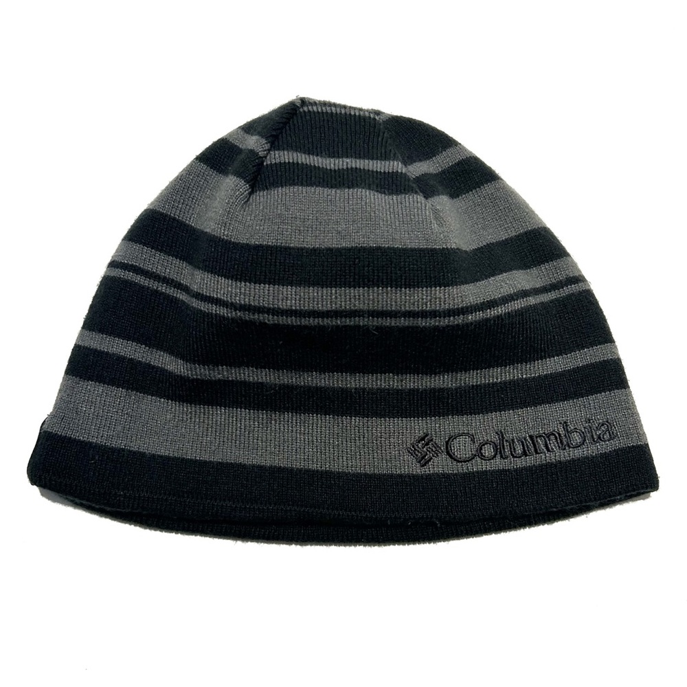 Columbia Reversible Black Grey Hat Toque Beanie Striped Winter Fall Boys Gray